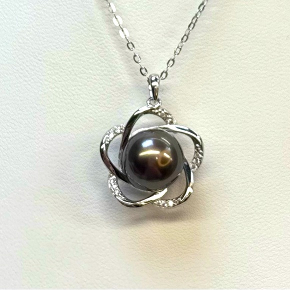 NPT18 Australian Tahitian Chocolate Mocha 9-10mm Pearl FLOWER Pendant 18KWG S925